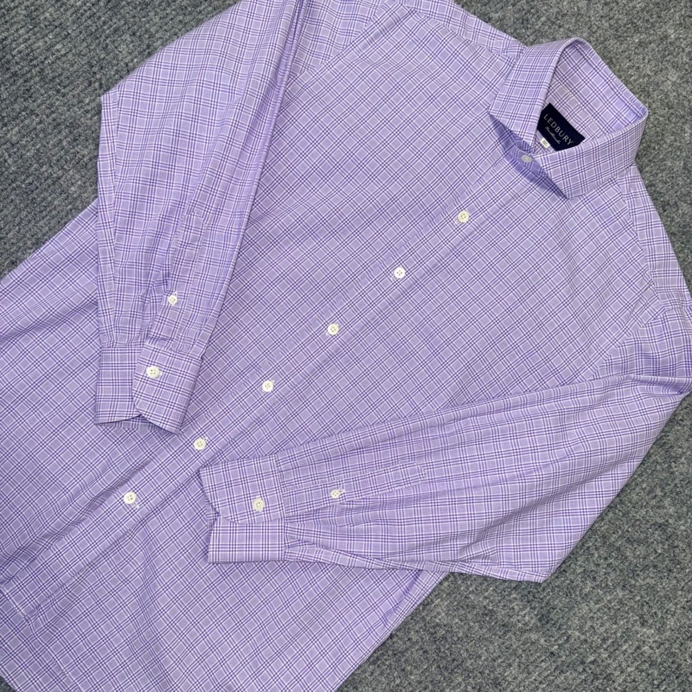 Ledbury Mens Purple White Check Dress Shirt 15.5 39cm Spread Collar Long Sleeve